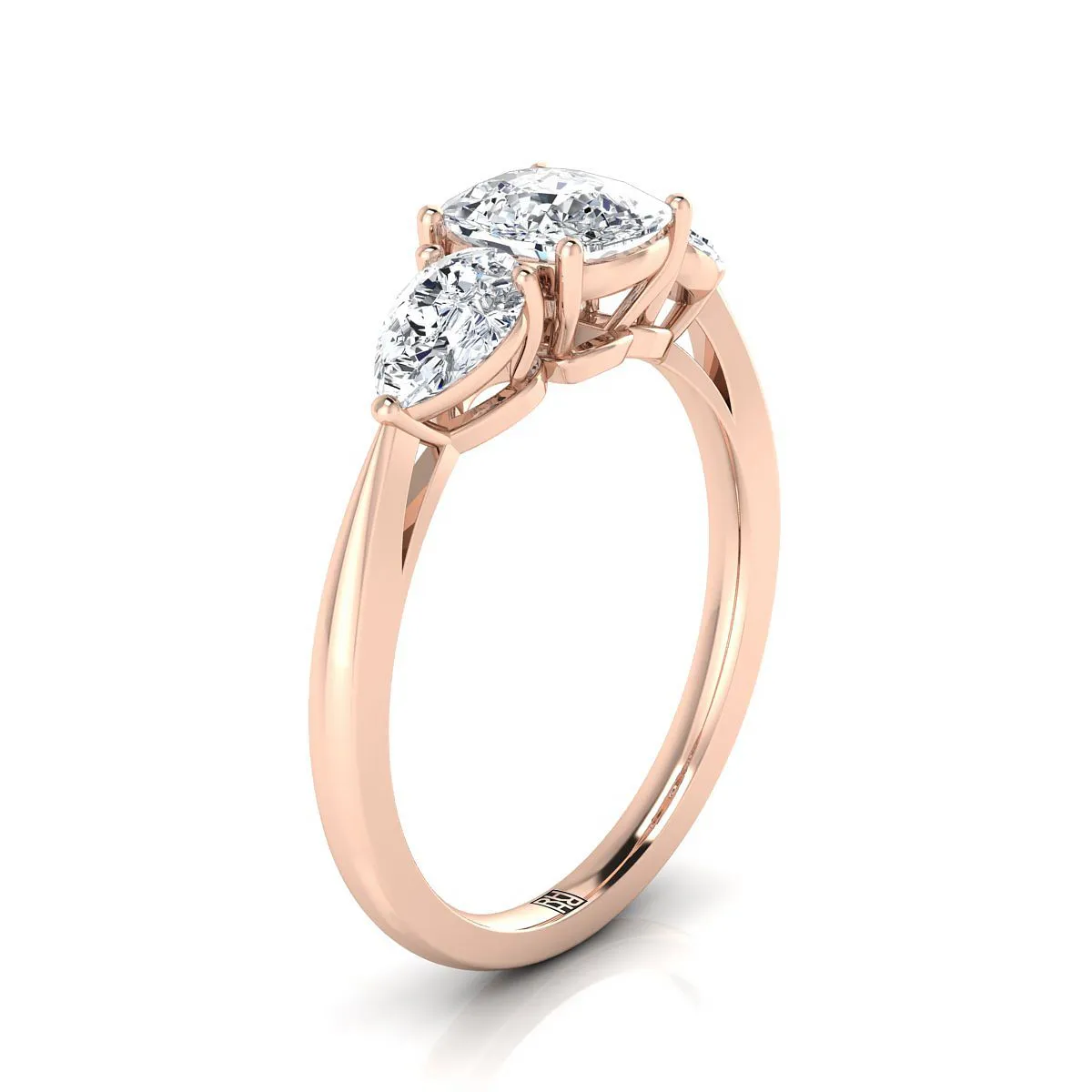 14K Rose Gold Cushion Diamond Perfectly Matched Pear Shaped Three Diamond Engagement Ring -7/8ctw