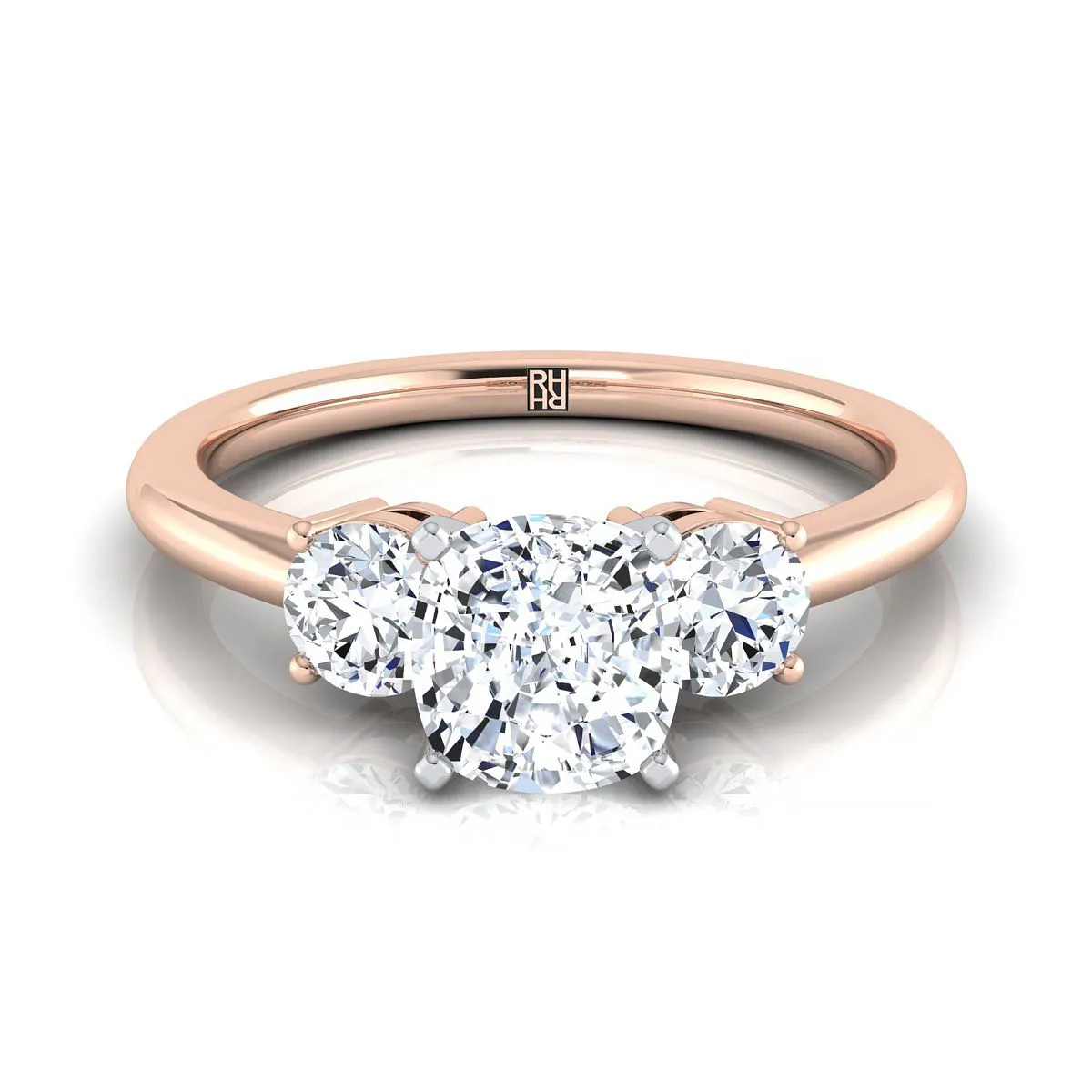 14K Rose Gold Cushion Diamond Perfectly Matched Round Three Stone Diamond Engagement Ring -1/4ctw