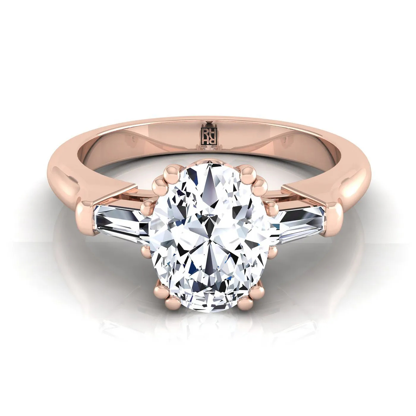 14K Rose Gold Oval Diamond Tapered Baguette Engagement Ring -1/4ctw