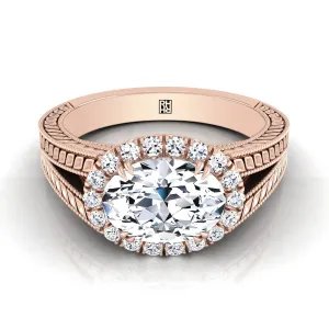 14K Rose Gold Oval Vintage Inspired Wheat Split Shank Diamond Halo Engagement Ring