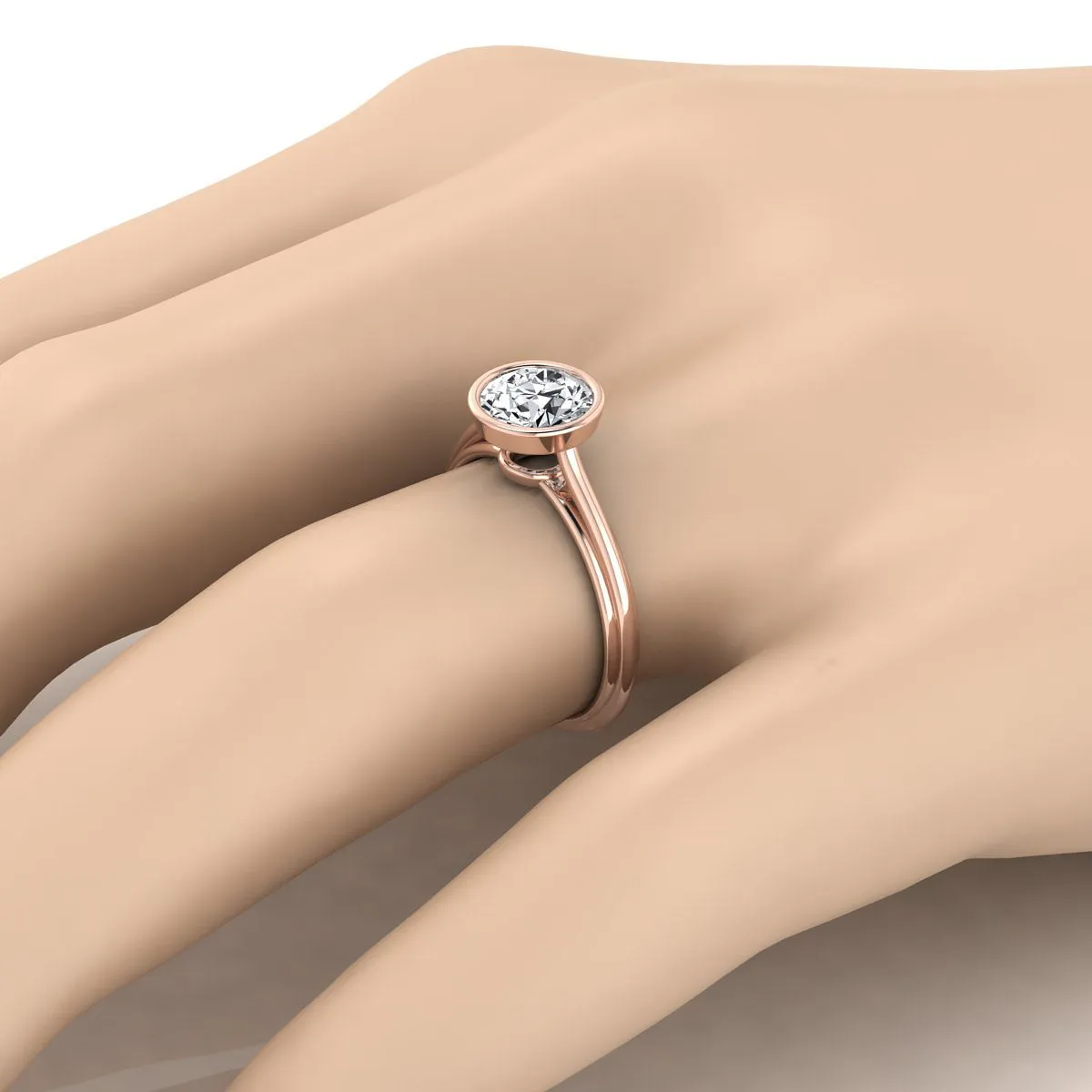 14K Rose Gold Round Brilliant  Bezel Halo Cathedral Solitaire Engagement Ring