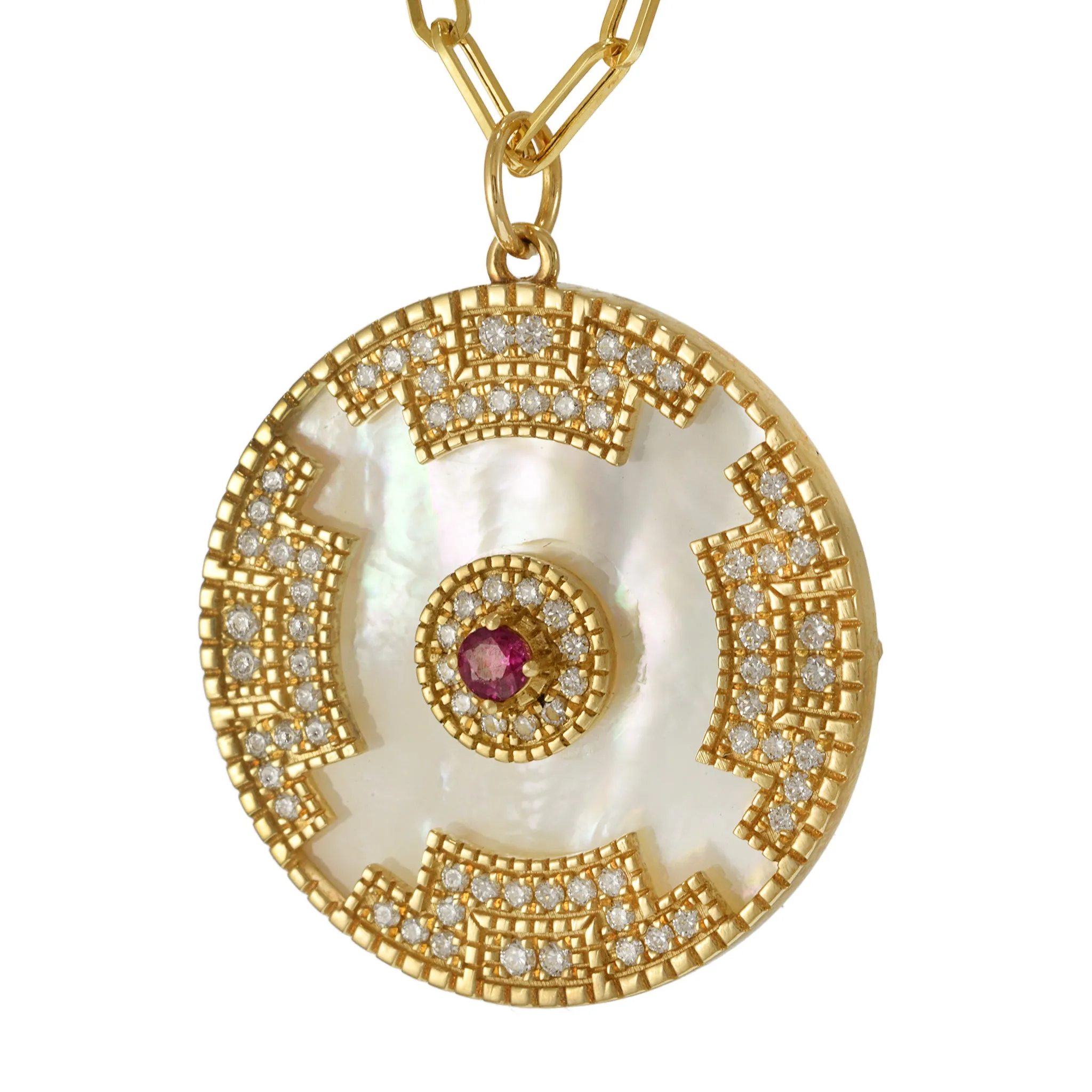 14KT Yellow Gold Mother of Pearl, Diamond, and Ruby Disc Pendant