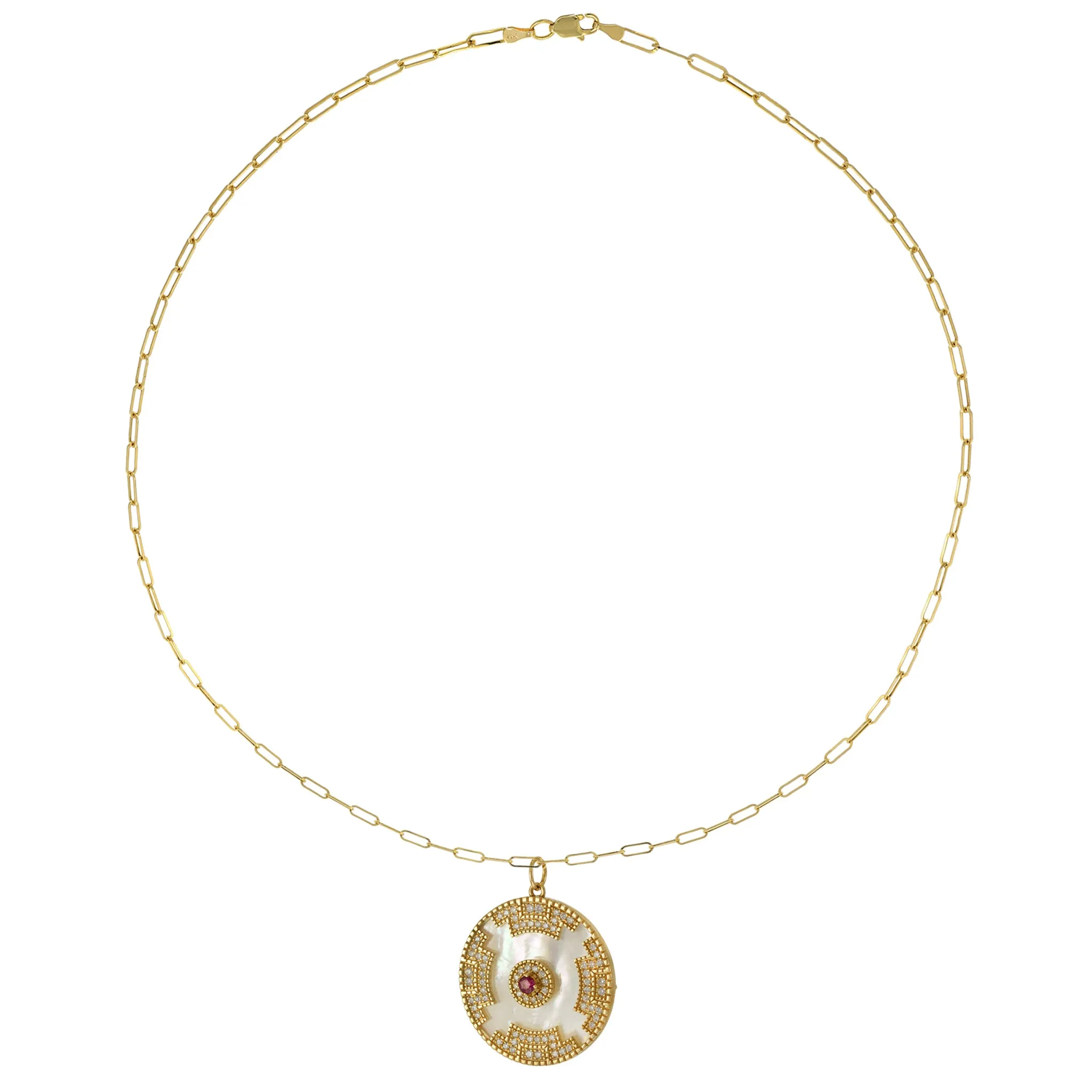 14KT Yellow Gold Mother of Pearl, Diamond, and Ruby Disc Pendant