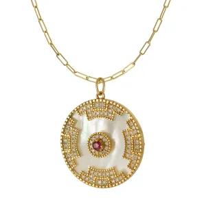 14KT Yellow Gold Mother of Pearl, Diamond, and Ruby Disc Pendant