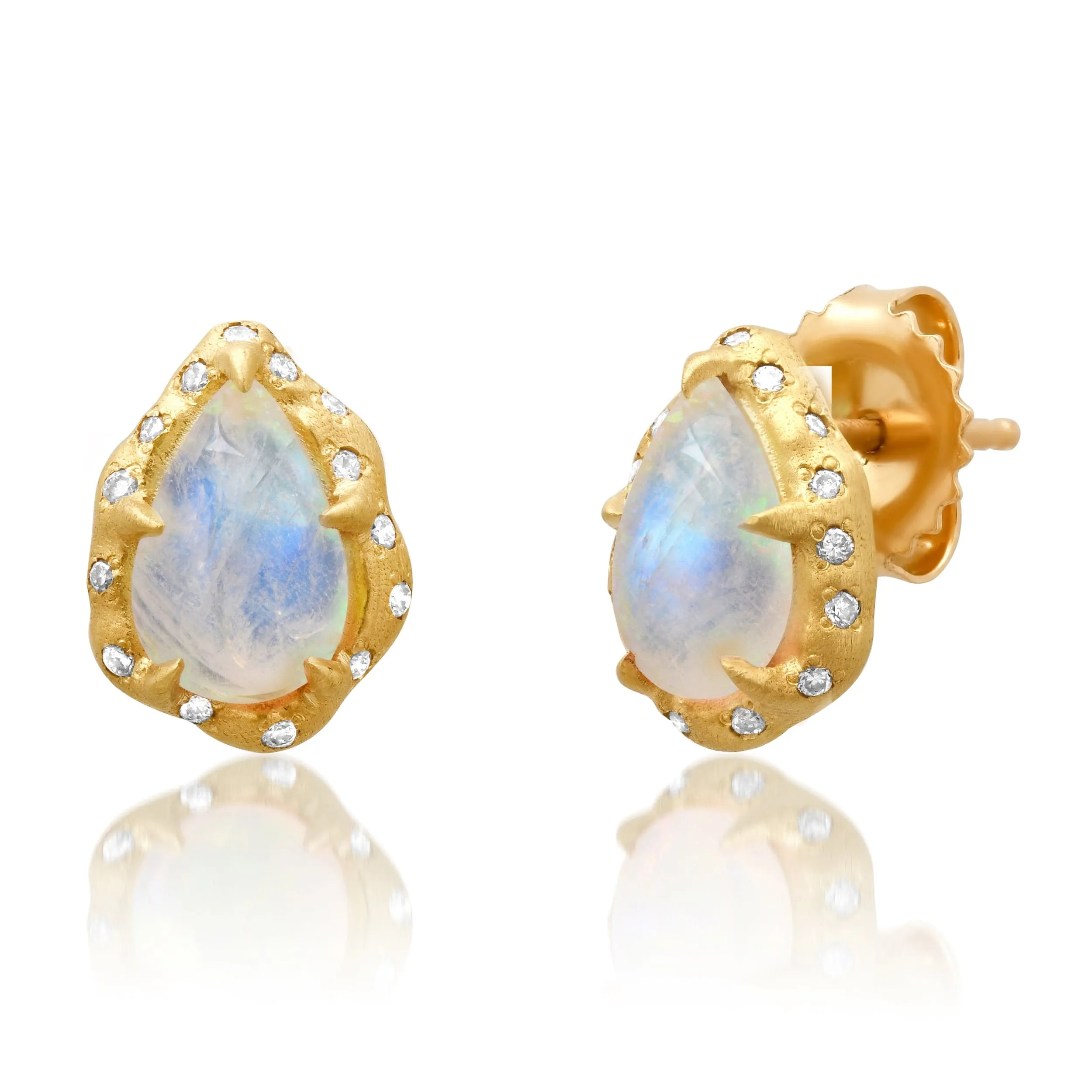 18K Gold Organic Moonstone and Diamond Stud Earrings