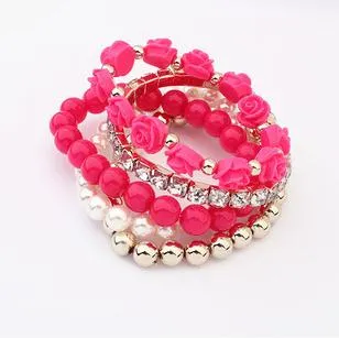 5 IN 1 Bohemian Simple Style Women Bracelet Cute Rose Flower Imitation Pearl Beads Bracelet & Bangles Handmade DIY Jewelry lms