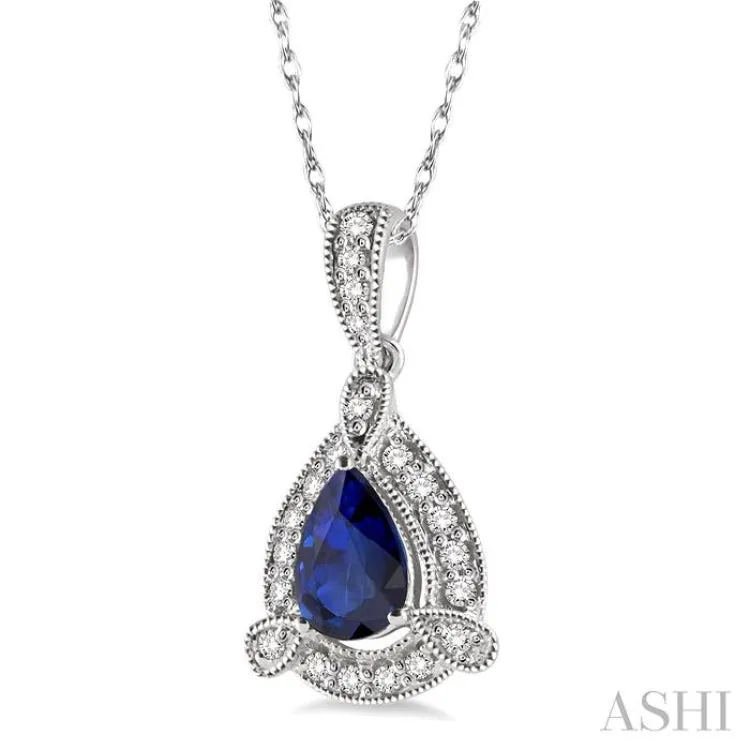 6x4  MM Pear Shape Sapphire and 1/10 Ctw Round Cut Diamond Pendant in 14K White Gold with Chain