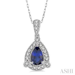 6x4  MM Pear Shape Sapphire and 1/10 Ctw Round Cut Diamond Pendant in 14K White Gold with Chain