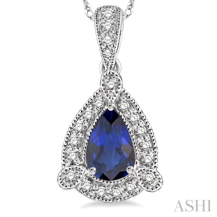 6x4  MM Pear Shape Sapphire and 1/10 Ctw Round Cut Diamond Pendant in 14K White Gold with Chain