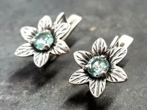 Aquamarine Flower Earrings - Vintage Aquamarine Studs - Blue Flower Earrings