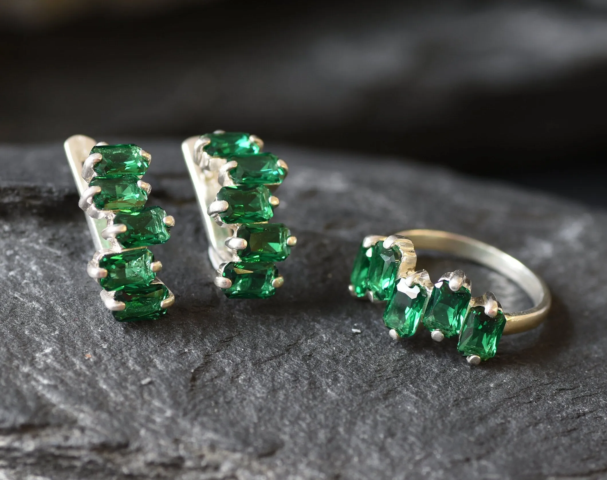 Baguette Emerald Earrings - Long Green Earrings - Five Stone Earrings