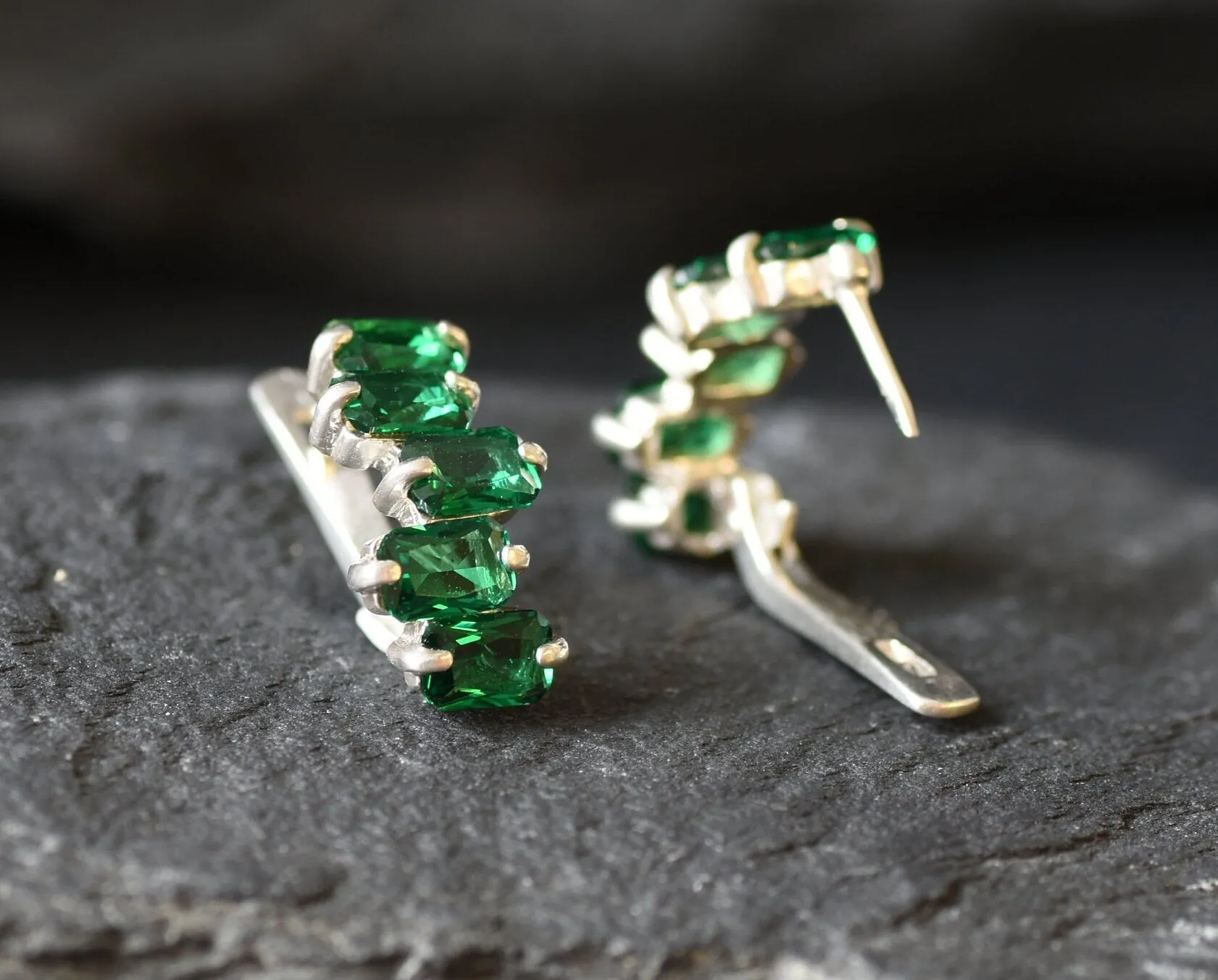 Baguette Emerald Earrings - Long Green Earrings - Five Stone Earrings