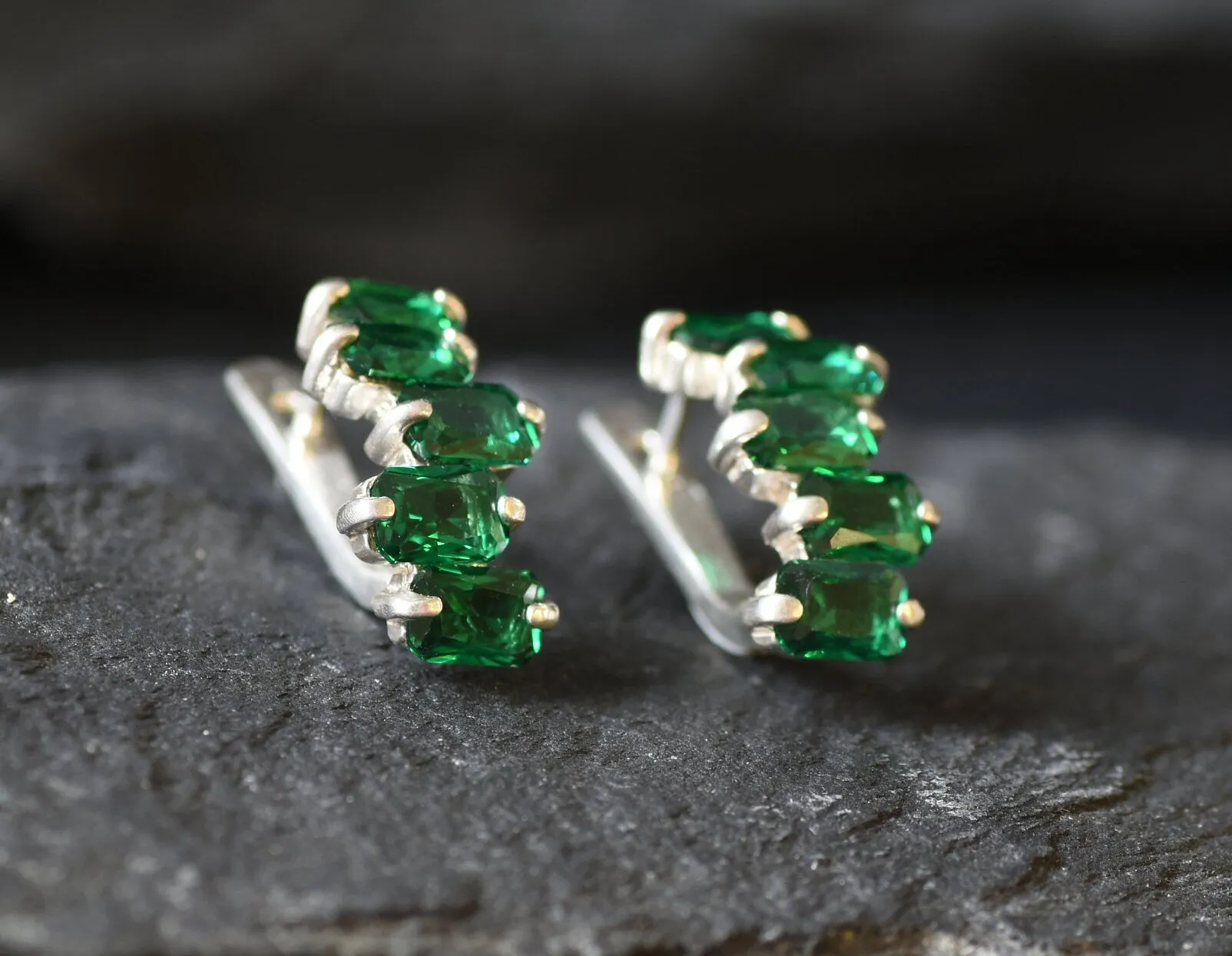 Baguette Emerald Earrings - Long Green Earrings - Five Stone Earrings