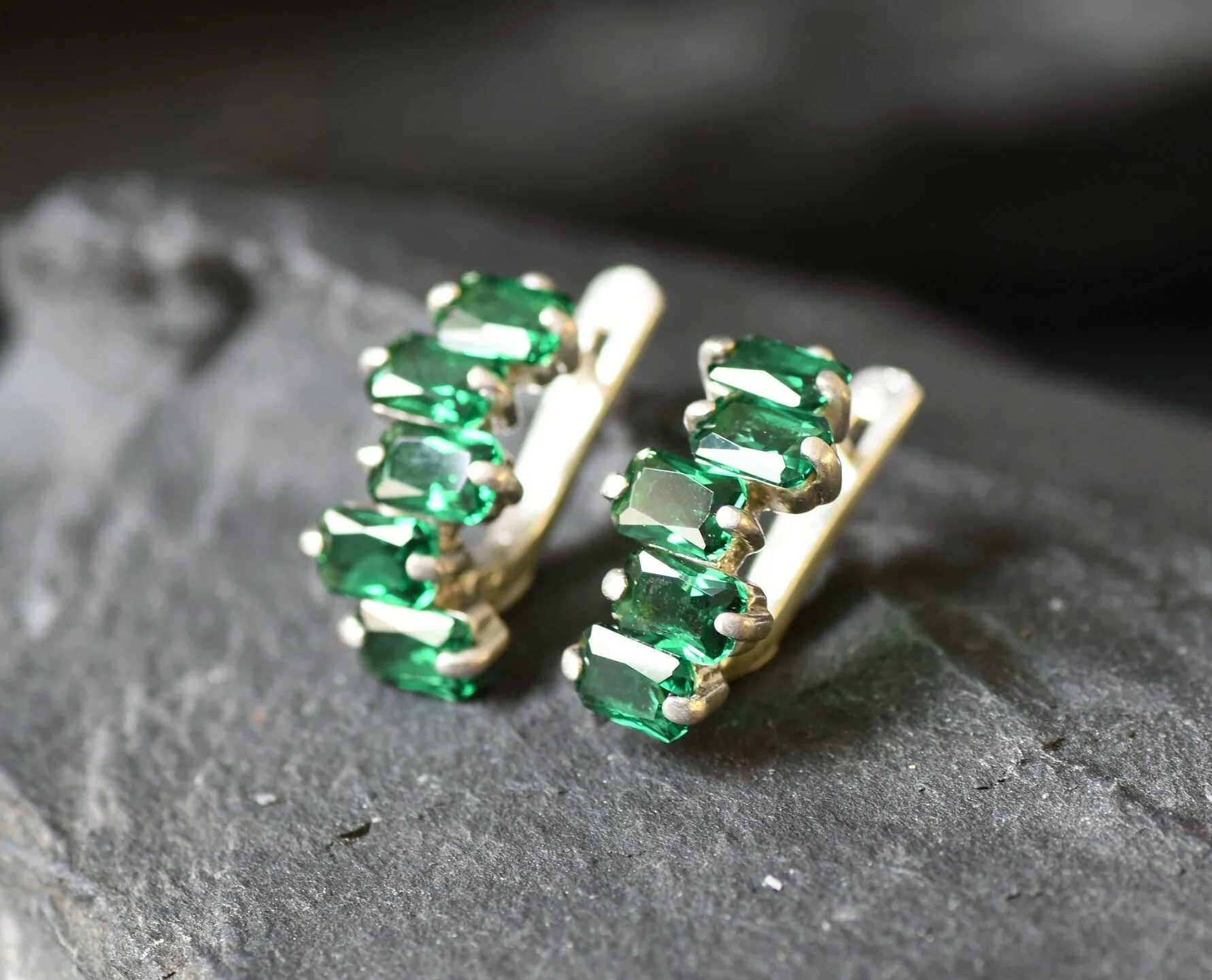 Baguette Emerald Earrings - Long Green Earrings - Five Stone Earrings