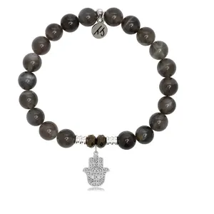 Black Moonstone Stone Bracelet with Hamsa Sterling Silver Charm