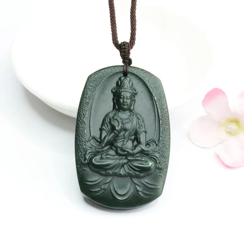 Blackish Green Natural Hotan Jade Bodhisattva Necklace