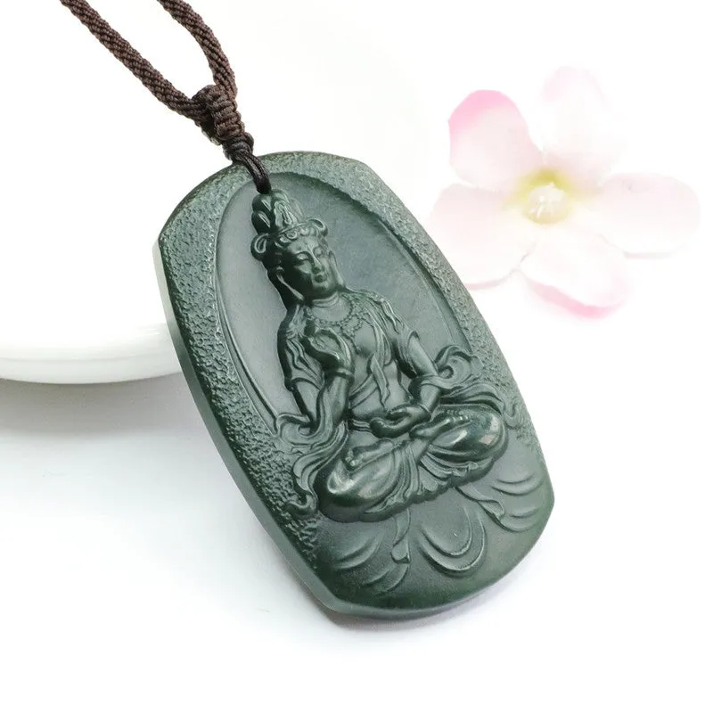 Blackish Green Natural Hotan Jade Bodhisattva Necklace