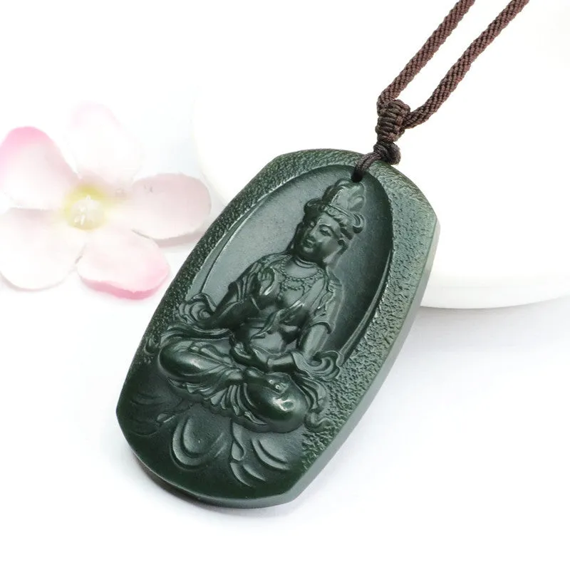 Blackish Green Natural Hotan Jade Bodhisattva Necklace