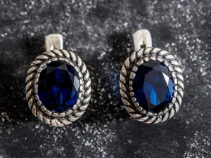 Blue Sapphire Earrings - Large Blue Studs, Silver Victorian Earrings