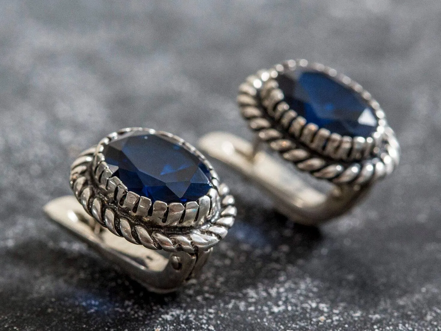 Blue Sapphire Earrings - Large Blue Studs, Silver Victorian Earrings