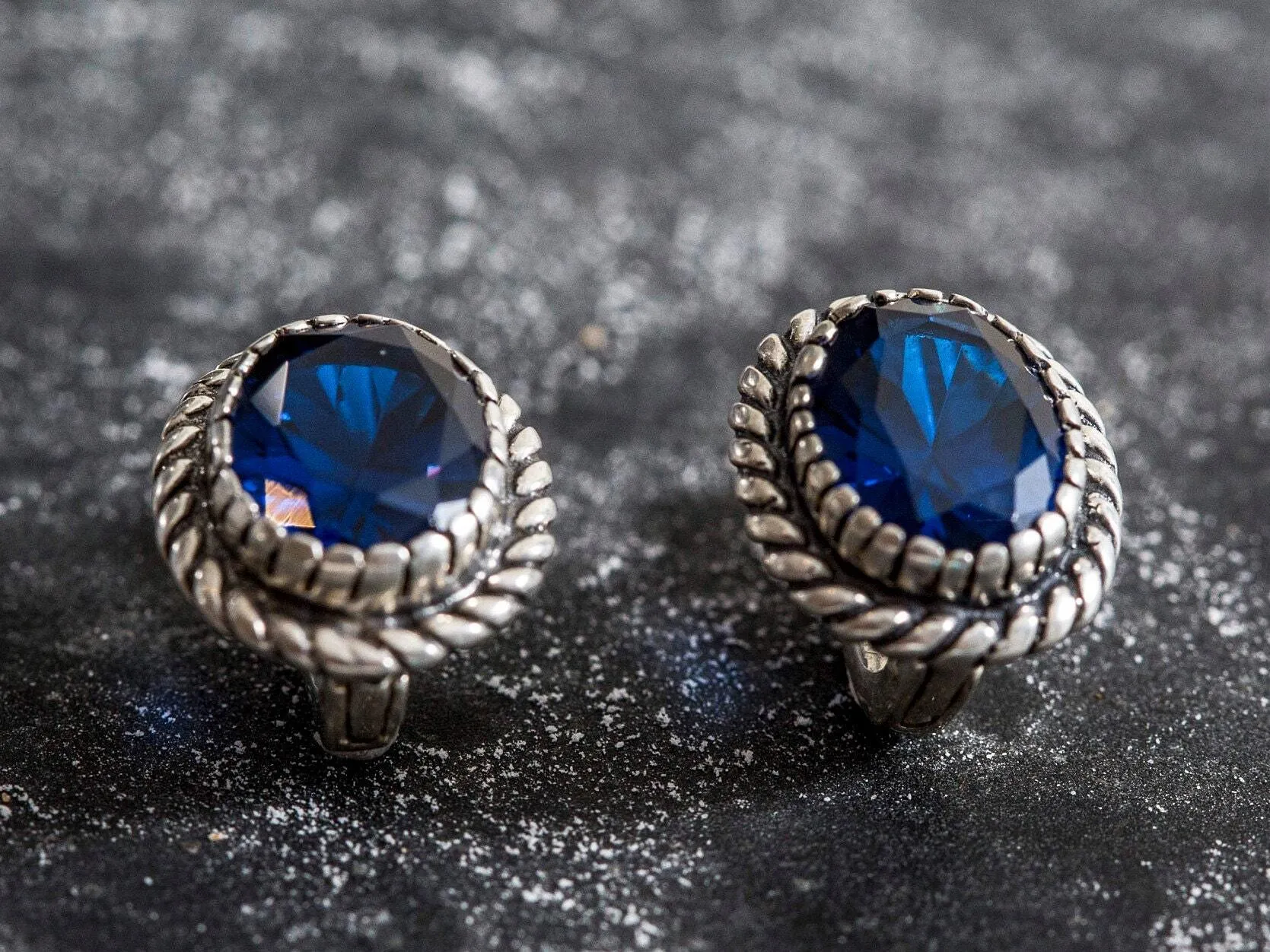 Blue Sapphire Earrings - Large Blue Studs, Silver Victorian Earrings