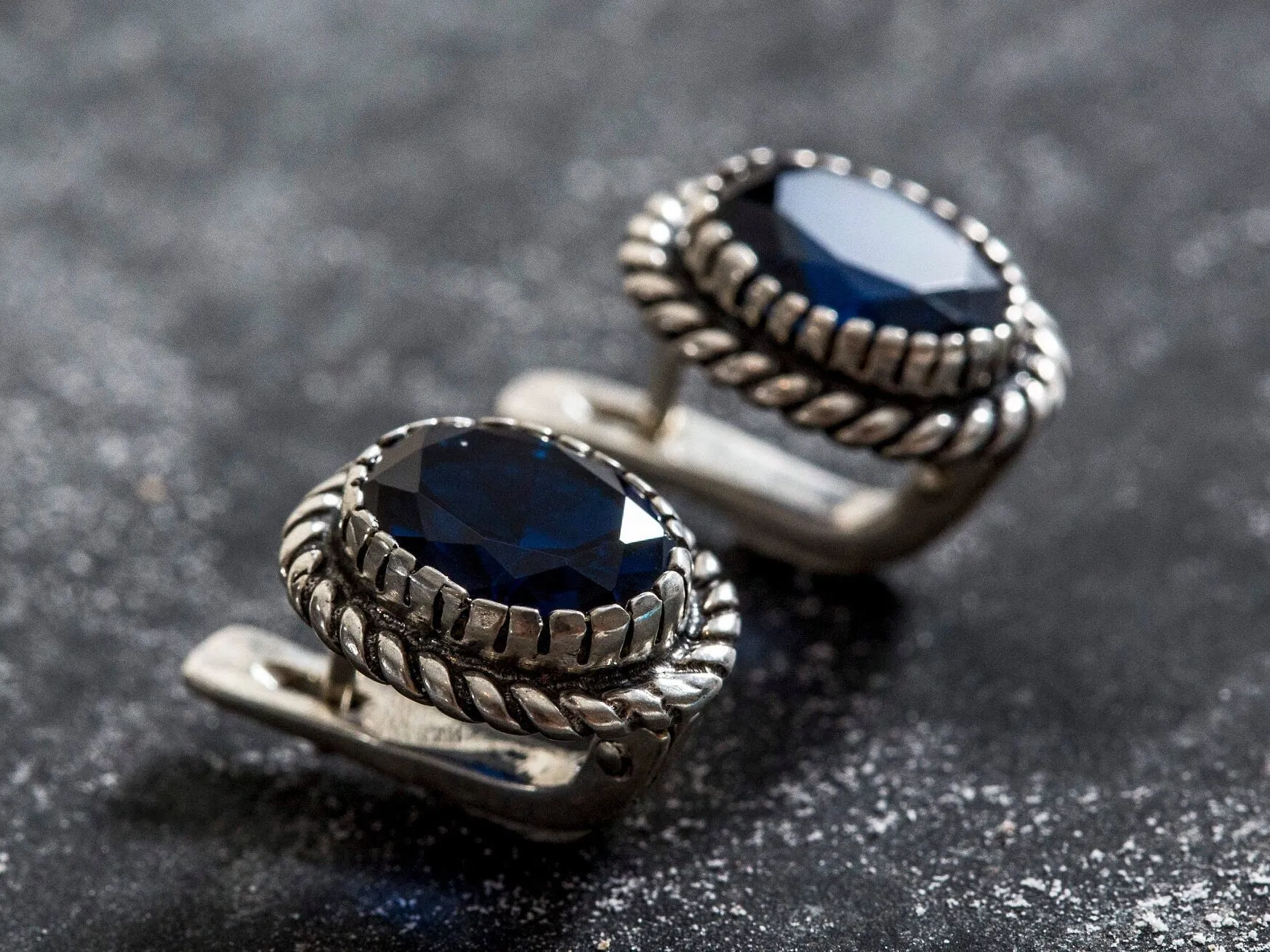 Blue Sapphire Earrings - Large Blue Studs, Silver Victorian Earrings