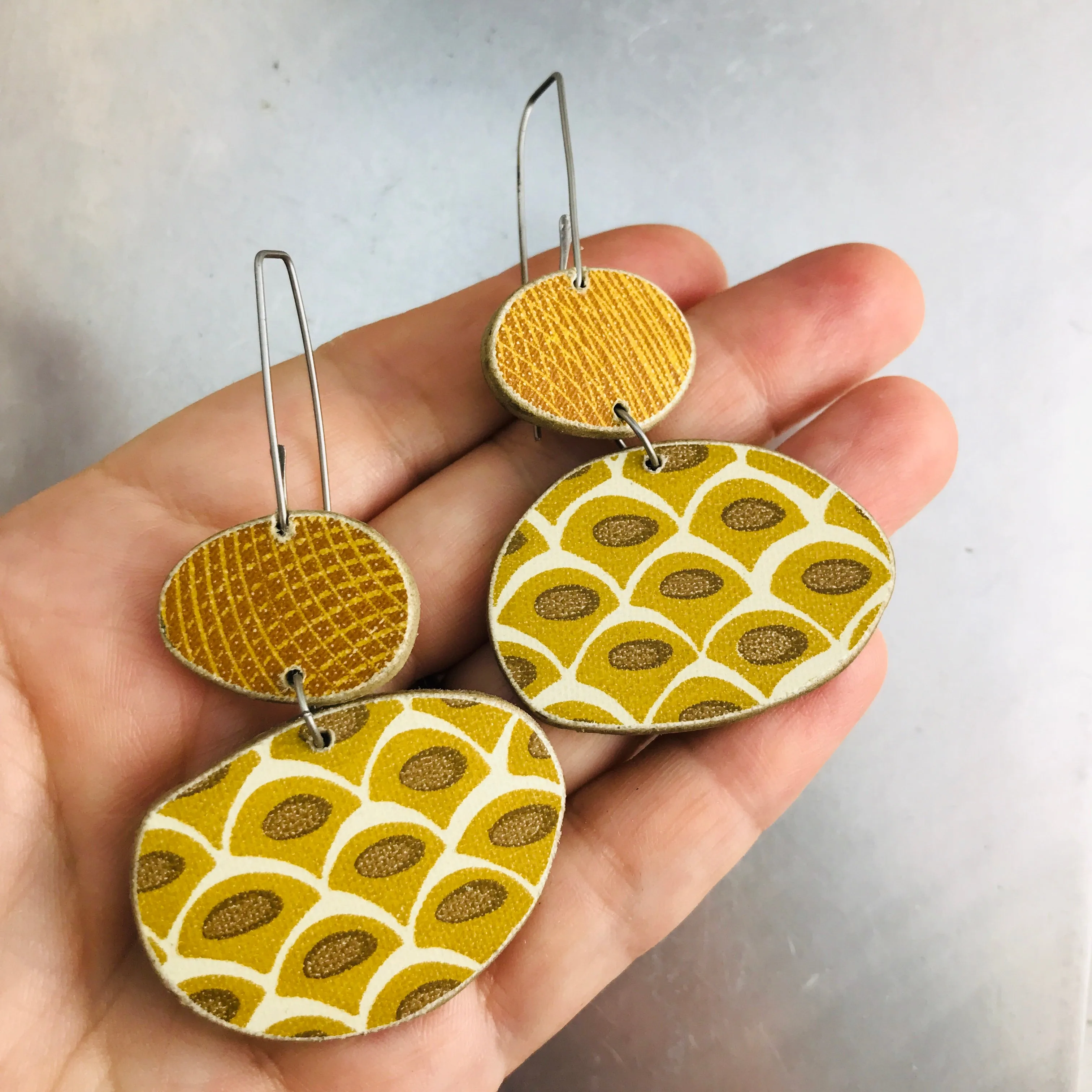 Book Pebbles Mixed Goldenrod Patterns Recycled Book Cover Earrings