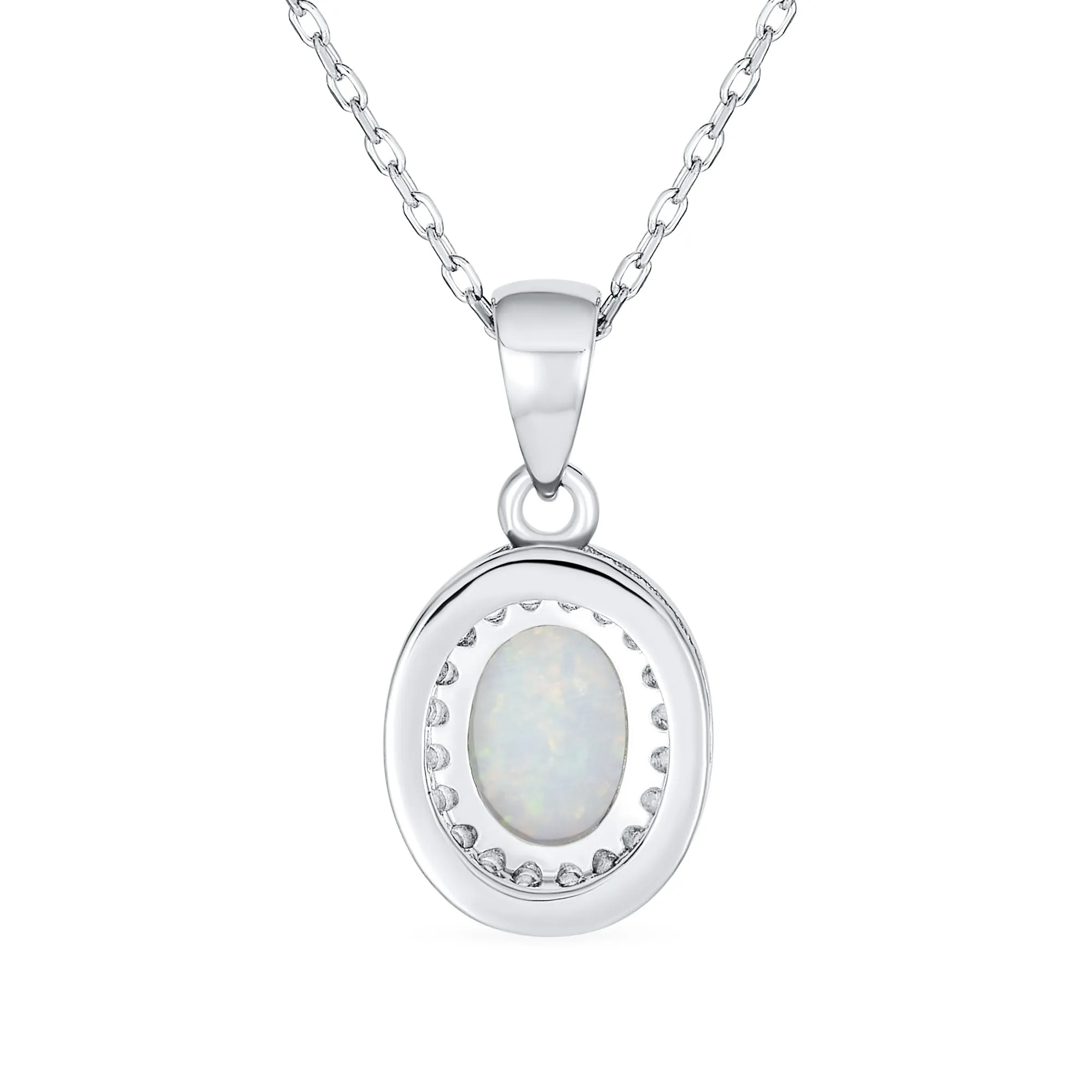 Bridal Necklace with CZ Halo Opal Pendant Sterling Silver October Birthstone