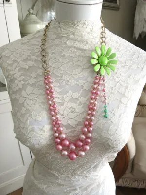 Cotton Candy Pink With Lime Green Flower Necklace