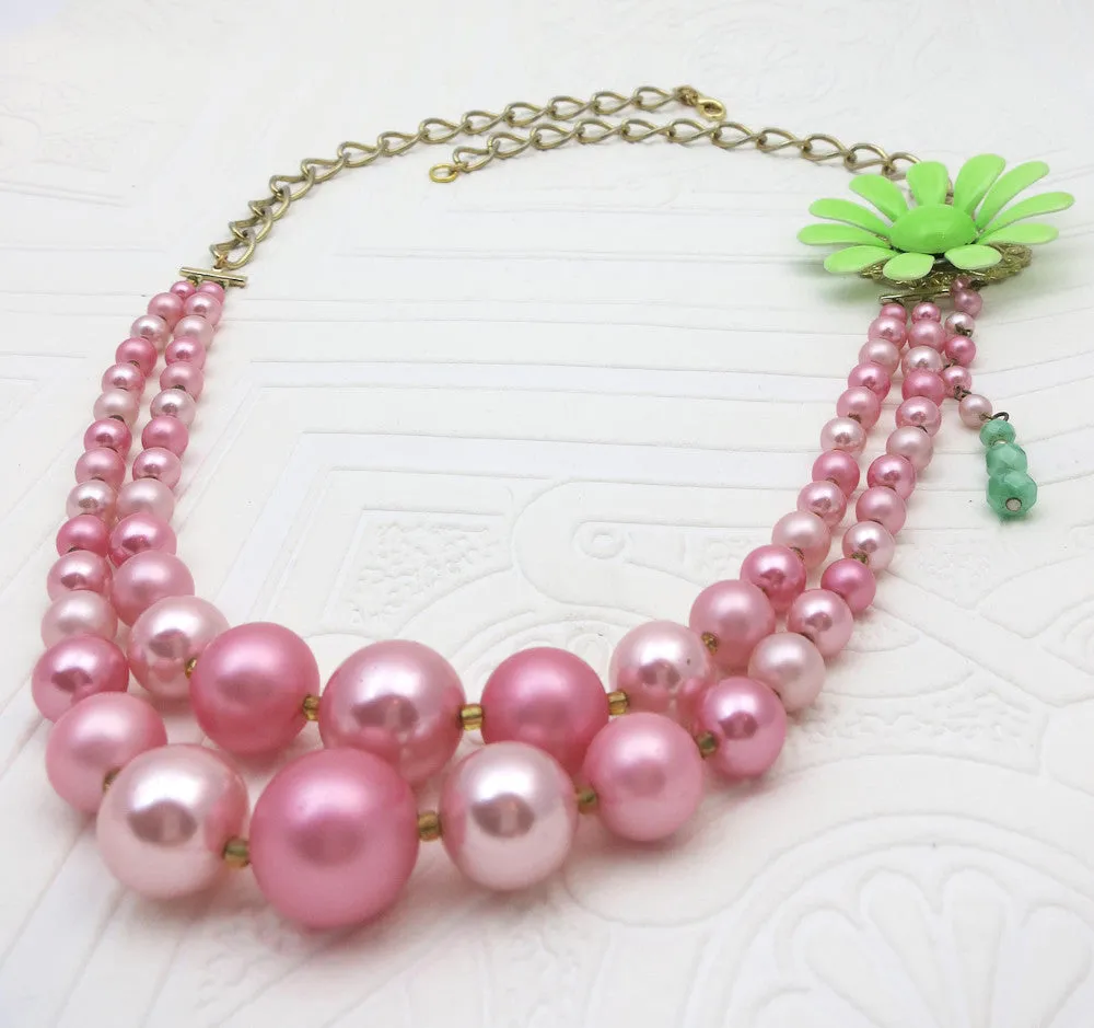 Cotton Candy Pink With Lime Green Flower Necklace