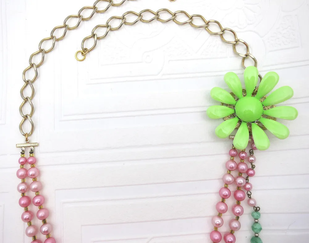 Cotton Candy Pink With Lime Green Flower Necklace