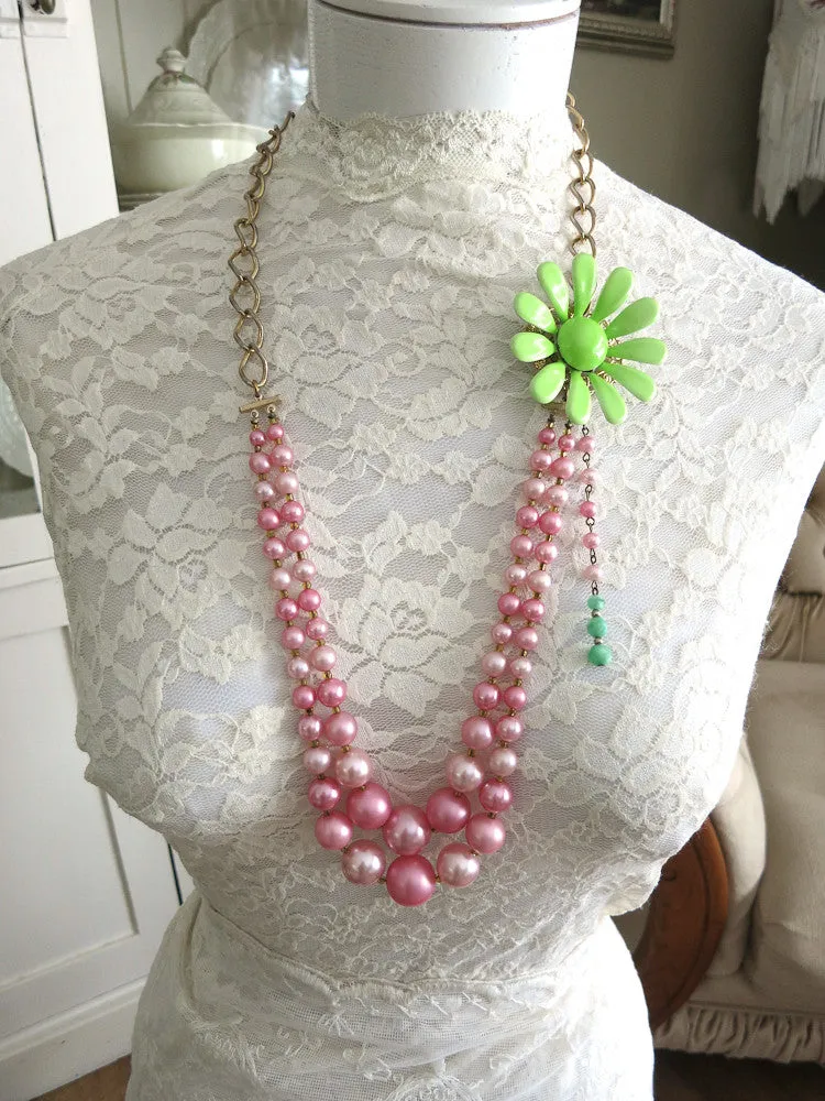 Cotton Candy Pink With Lime Green Flower Necklace