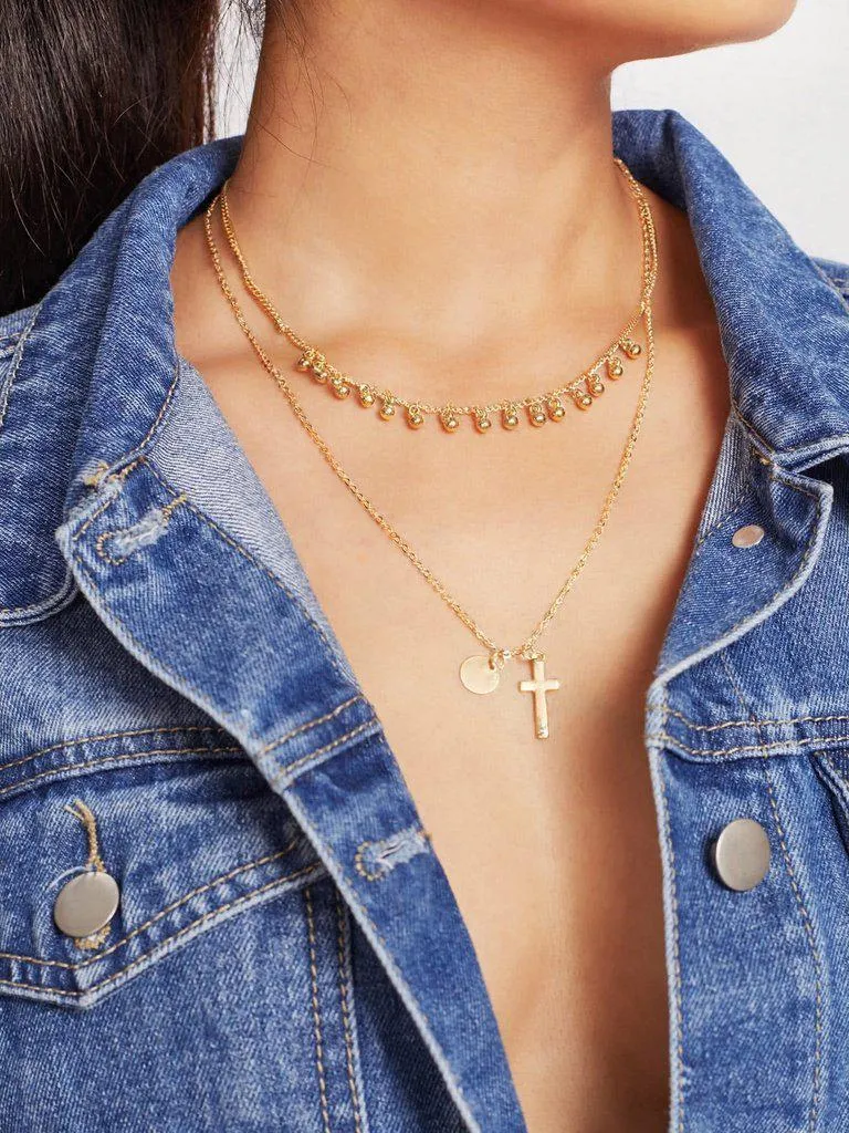 Cross & Sequin Pendant Layered Chain Necklace