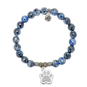 Denim Blue Agate Gemstone Bracelet with Paw CZ Sterling Silver Charm