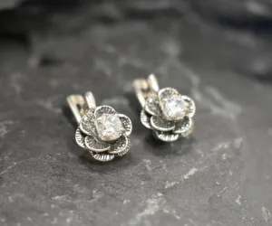 Diamond Flower Earrings - Sparkly Flower Earrings, CZ Diamond Studs