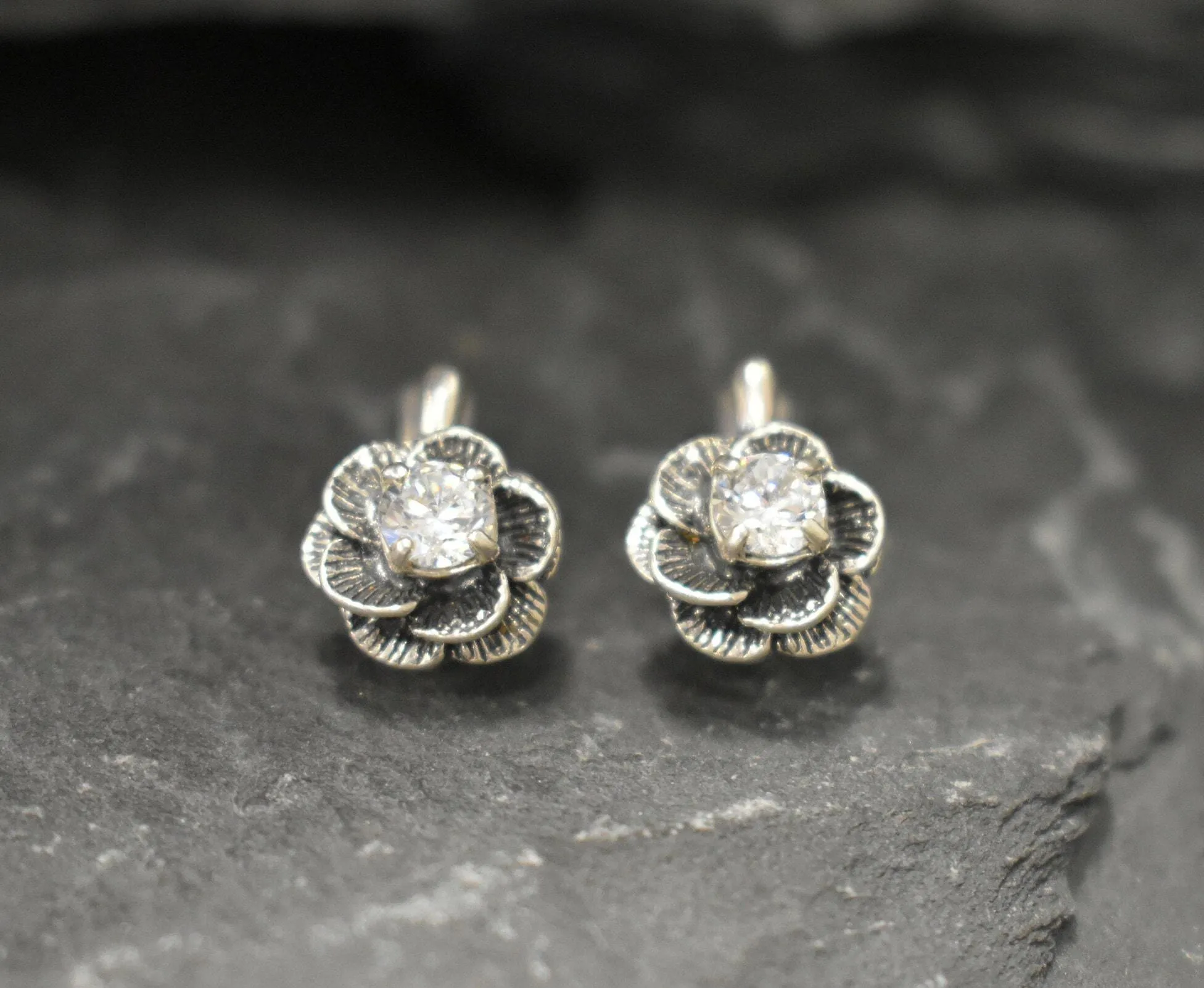 Diamond Flower Earrings - Sparkly Flower Earrings, CZ Diamond Studs