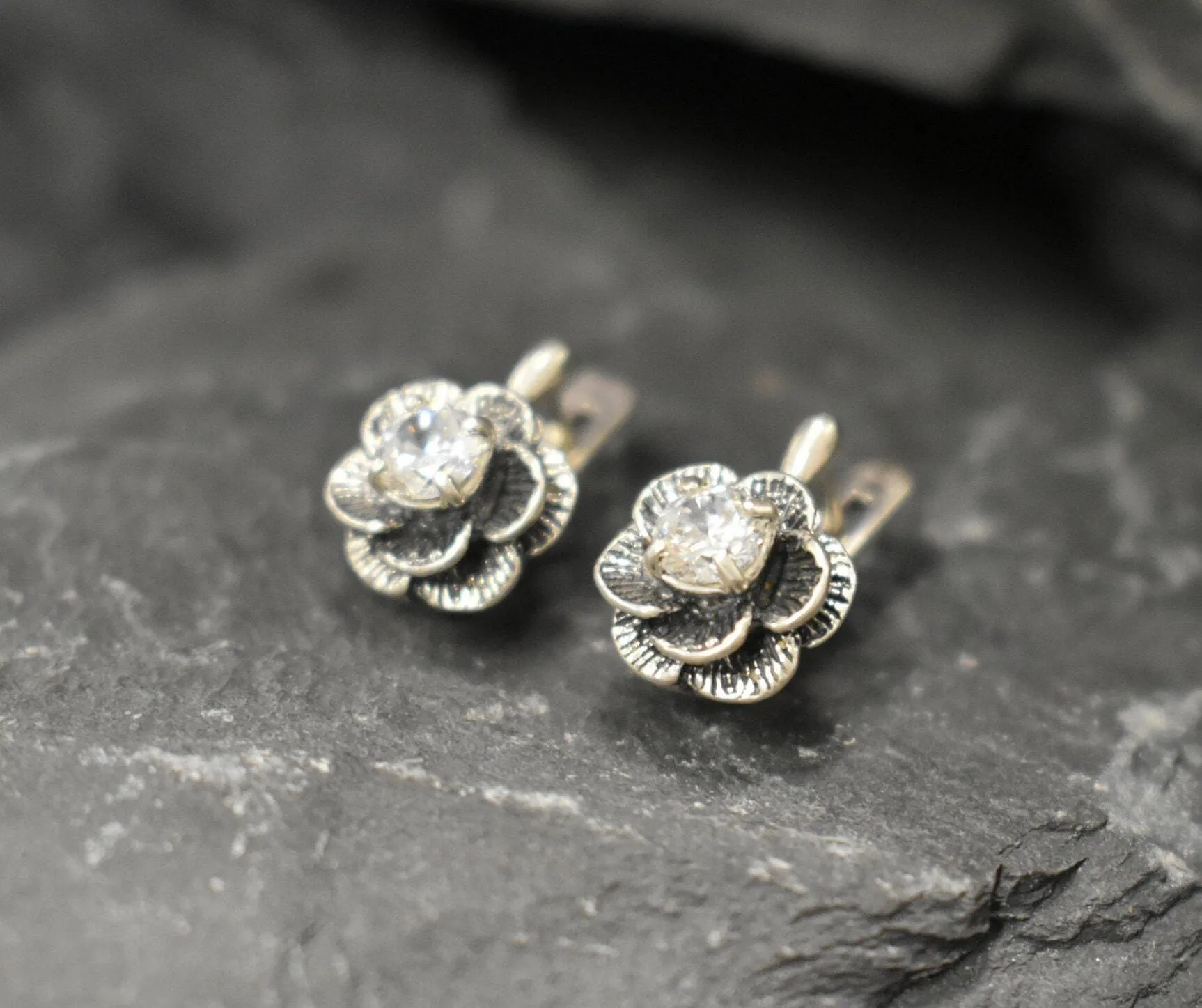 Diamond Flower Earrings - Sparkly Flower Earrings, CZ Diamond Studs