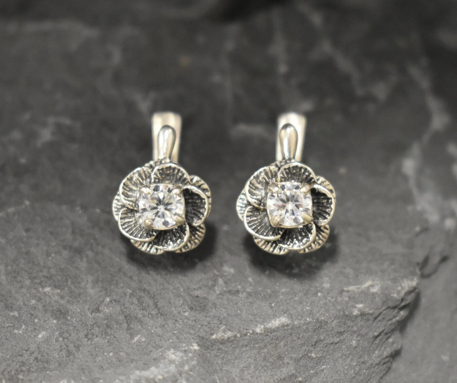 Diamond Flower Earrings - Sparkly Flower Earrings, CZ Diamond Studs