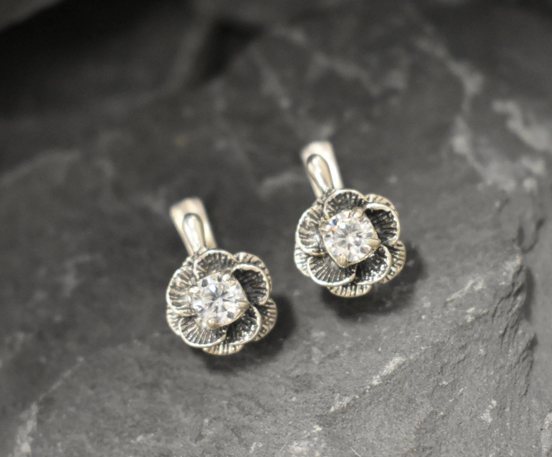 Diamond Flower Earrings - Sparkly Flower Earrings, CZ Diamond Studs