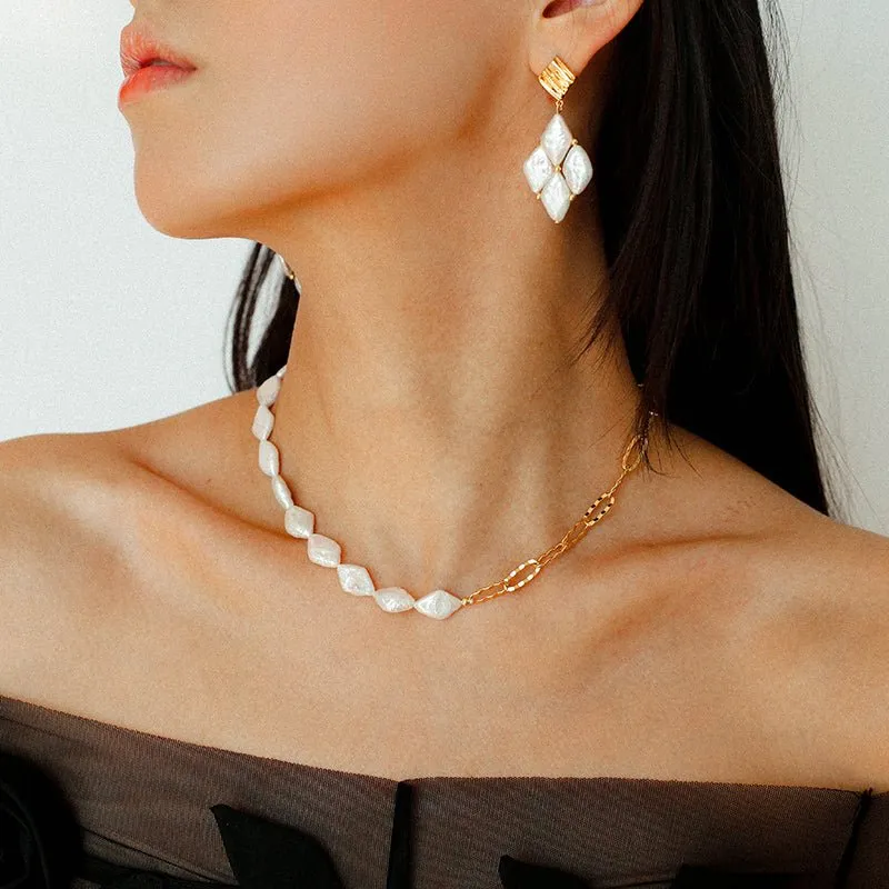 Diamond-Shaped Baroque Pearl Chain Necklace