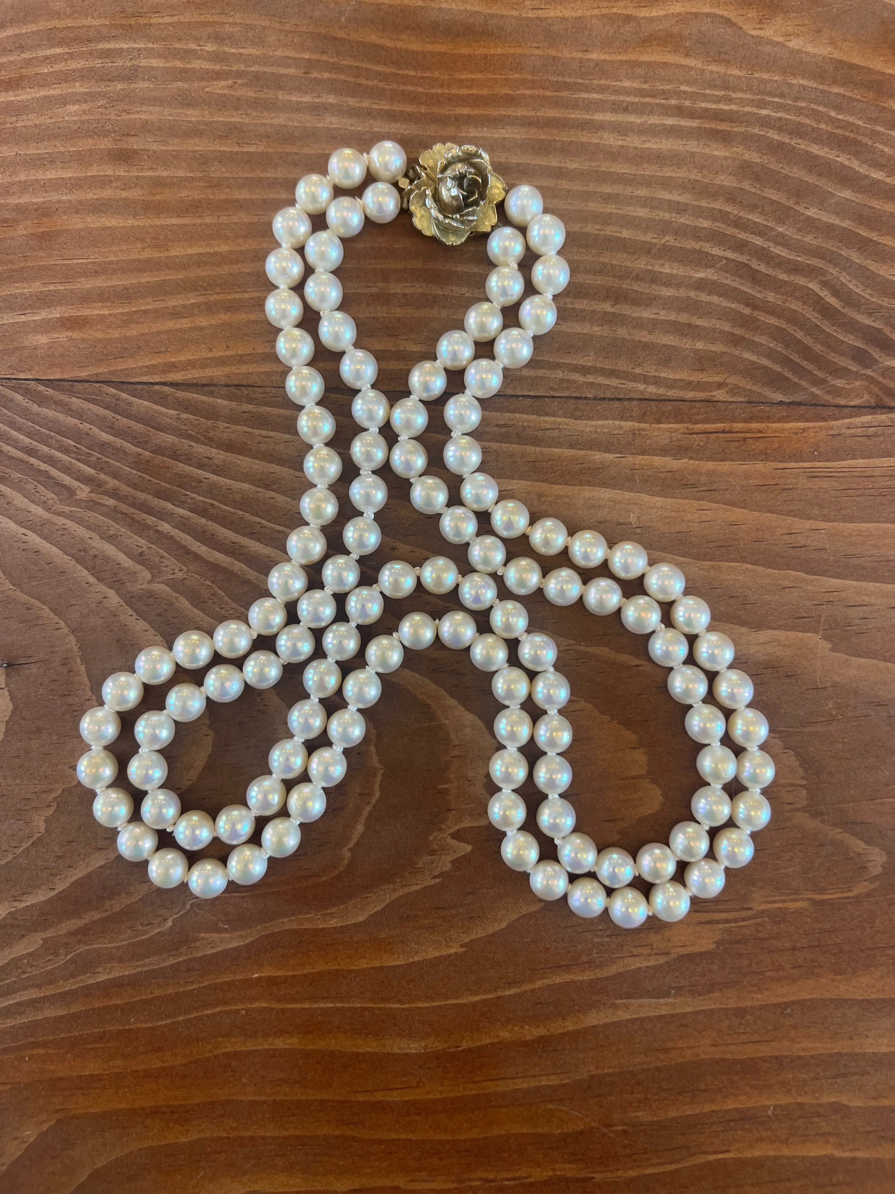 Double Strand Pearl Necklace with Intricate Rose Clasp (Vintage)