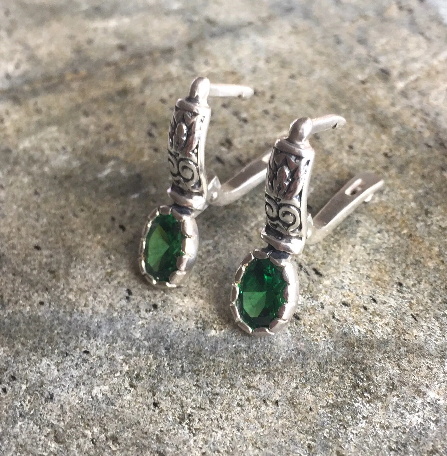 Drop Emerald Earrings - Green Vintage Earrings, Ancient Emerald Earrings