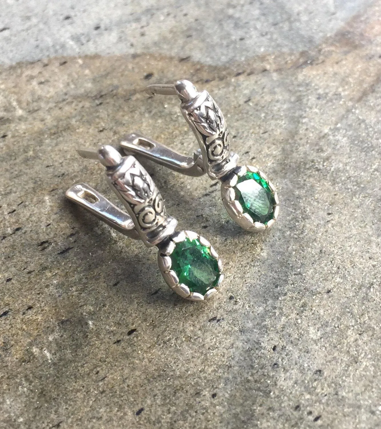 Drop Emerald Earrings - Green Vintage Earrings, Ancient Emerald Earrings