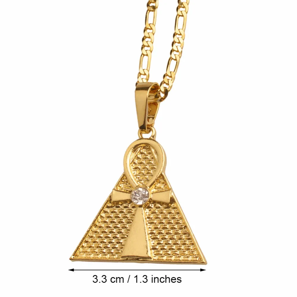 Egyptian Ankh Cross & Pyramid Pendant Necklace Woman/Men,Gold