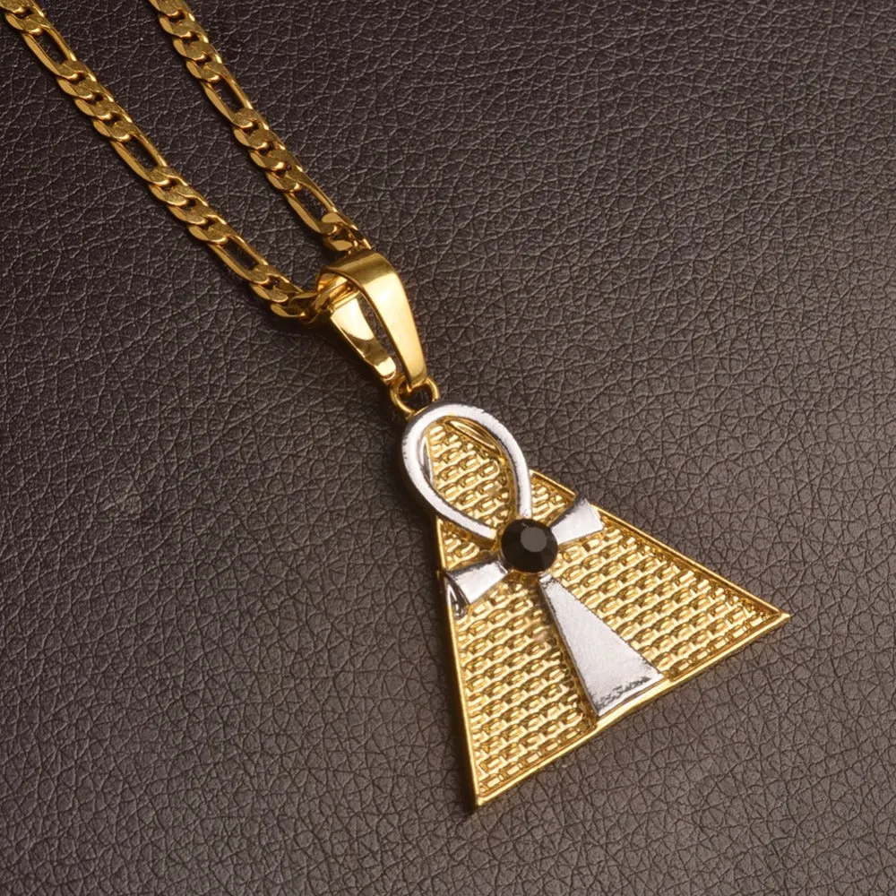 Egyptian Ankh Cross & Pyramid Pendant Necklace Woman/Men,Gold