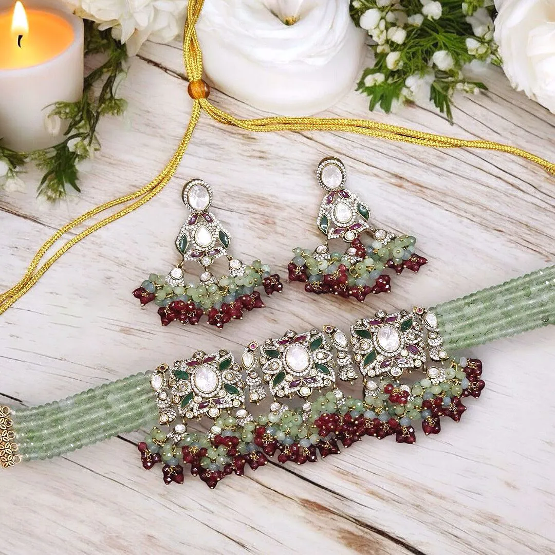 Elegance Wedding Polki Choker Set, Bridal Polki Choker Set, Pakistani Polki Necklace Jewelry Set, Bollywood Polki Jewelry