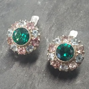 Emerald Flower Studs -  Green Vintage Earrings - Amethyst Topaz Earrings