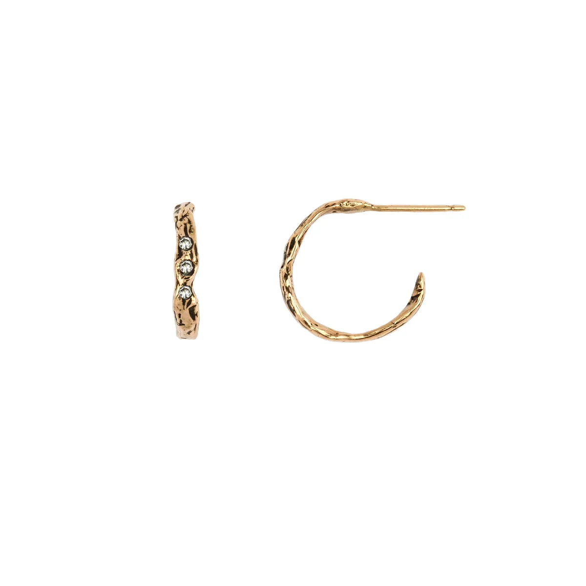 Extra Small Triple Diamond 14K Gold Textured Hoops