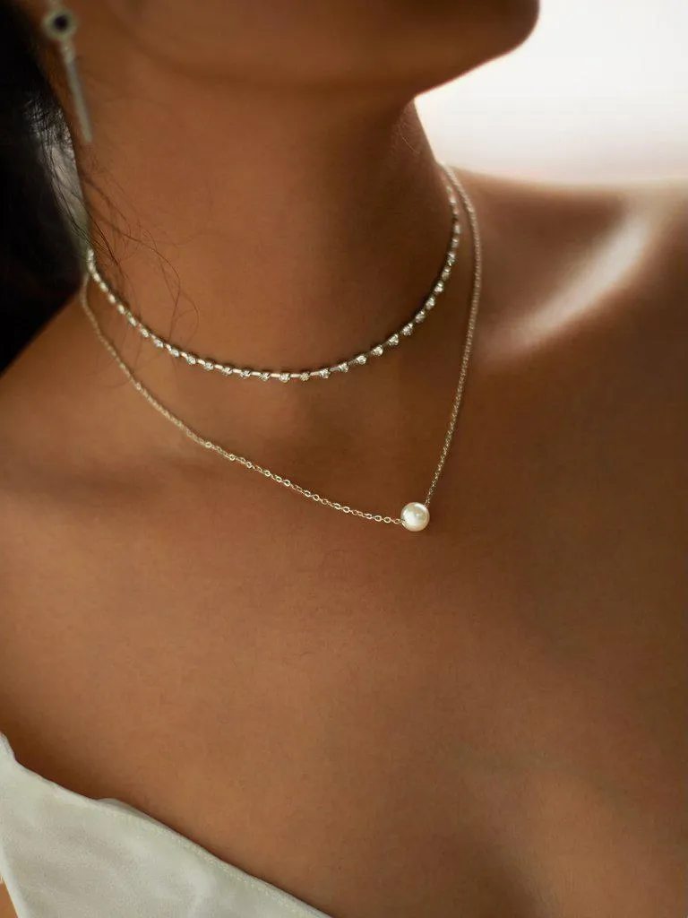 Faux Pearl Pendant Rhinestone Choker Necklace 2pcs