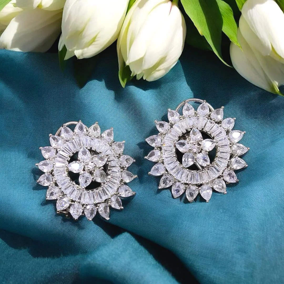 Floral Round Silver Stone Work Earrings Set